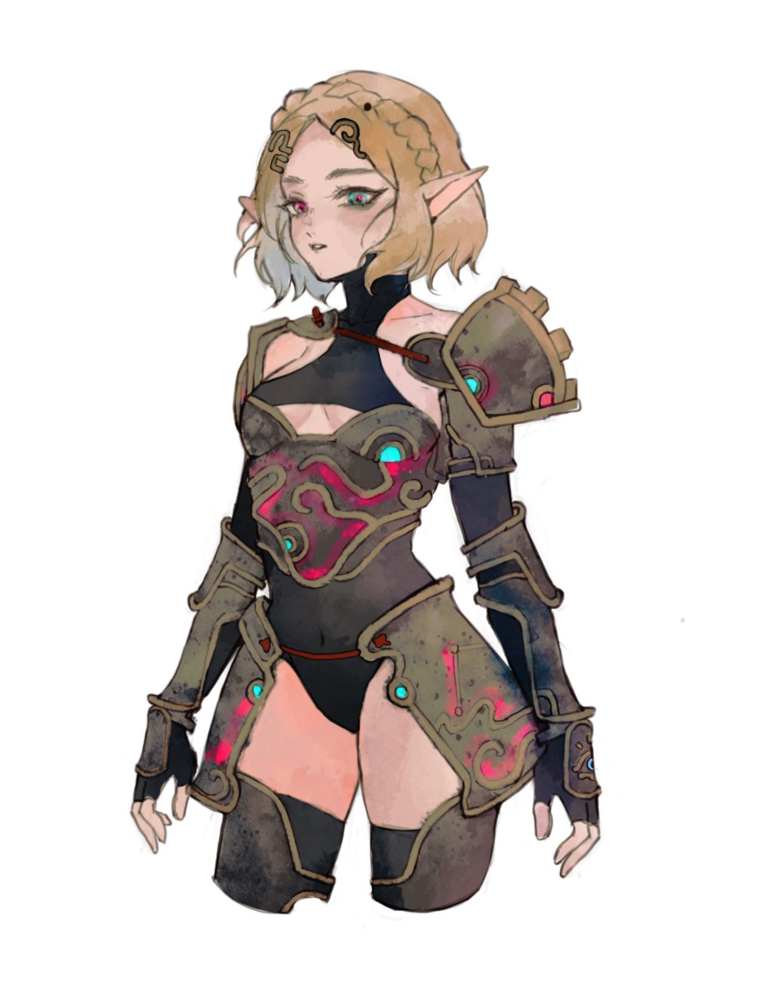 1girl alternate_costume armor armored_boots black_gloves black_leotard black_thighhighs boots braid breasts covered_navel cropped_legs crown_braid fingerless_gloves gloves green_eyes hair_ornament hairclip highres jiuminene leotard medium_breasts parted_bangs pointy_ears princess_zelda short_hair shoulder_plates solo teeth the_legend_of_zelda the_legend_of_zelda:_tears_of_the_kingdom thighhighs