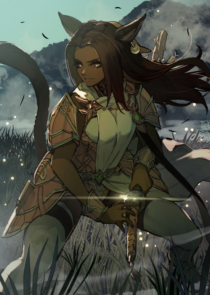 1girl absurdres animal_ears black_gloves black_hair cat_ears cat_girl cat_tail dark-skinned_female dark_skin earrings fighting_stance final_fantasy final_fantasy_xiv gloves hide_(hideout) highres holding holding_sword holding_weapon jewelry long_hair miqo'te outdoors red_eyes samurai_(final_fantasy) solo sword tail warrior_of_light_(ff14) weapon