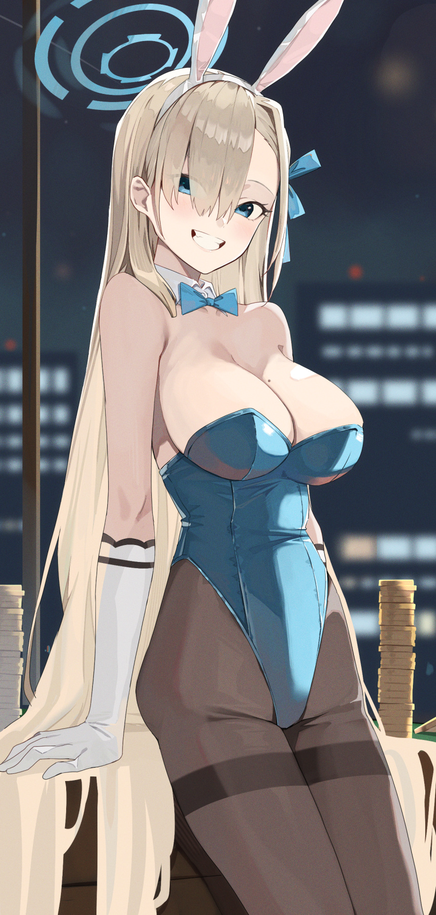 1girl absurdres animal_ears asuna_(blue_archive) asuna_(bunny)_(blue_archive) bare_shoulders blonde_hair blue_archive blue_eyes blue_leotard blue_ribbon blush breasts brown_pantyhose cleavage detached_collar elbow_gloves fake_animal_ears gloves grin hair_over_one_eye hair_ribbon halo highleg highleg_leotard highres large_breasts leotard long_hair looking_at_viewer pantyhose playboy_bunny rabbit_ears ribbon smile solo thighband_pantyhose thighs very_long_hair white_gloves yuzu-aki