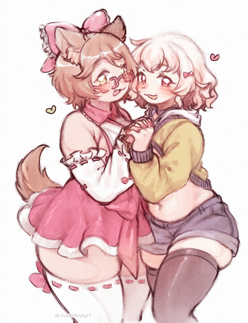 2girls absurdres animal_ear_fluff animal_ears artist_name blush bow brown_hair brown_tail brown_thighhighs chadolbaegi commission cosplay costume_switch cowboy_shot cropped_hoodie denim denim_shorts detached_sleeves dog_girl english_commentary film_grain glasses hair_bow hair_ornament heart highres holding_hands hood hoodie indie_virtual_youtuber long_sleeves looking_at_viewer medium_hair midriff mimi_(henemimi) miniskirt mint_castella multiple_girls navel open_mouth red-framed_eyewear red_bow red_eyes red_shirt semi-rimless_eyewear shirt short_shorts shorts simple_background skirt thick_thighs thighhighs thighs twitter_username under-rim_eyewear virtual_youtuber white_background white_hair white_thighhighs wing_collar yellow_eyes yellow_hoodie zettai_ryouiki