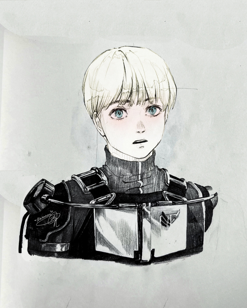 1boy absurdres aqua_eyes armin_arlert armor blonde_hair bowl_cut chest_armor empty_eyes grey_background hatching_(texture) highres linear_hatching male_focus open_mouth sayo_nara_drawing shingeki_no_kyojin signature simple_background solo survey_corps_(emblem) teeth three-dimensional_maneuver_gear turtleneck upper_body upper_teeth_only