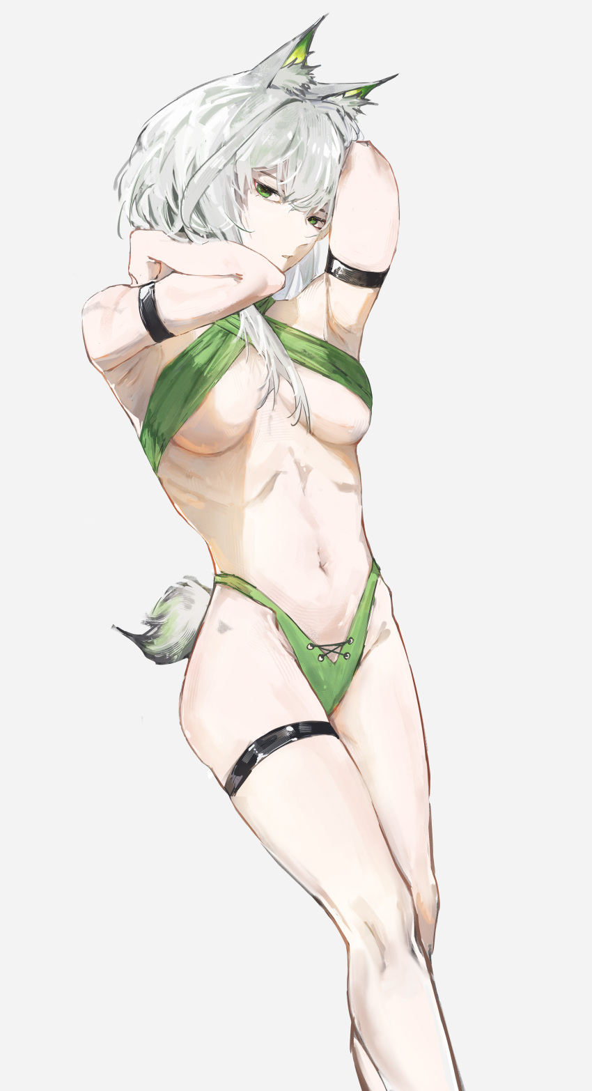 1girl absurdres animal_ears arknights arm_strap armpits bikini breasts green_bikini green_eyes highres kal'tsit_(arknights) looking_at_viewer monmon_(sleepymonmon) navel short_hair solo swimsuit tail thigh_strap white_hair