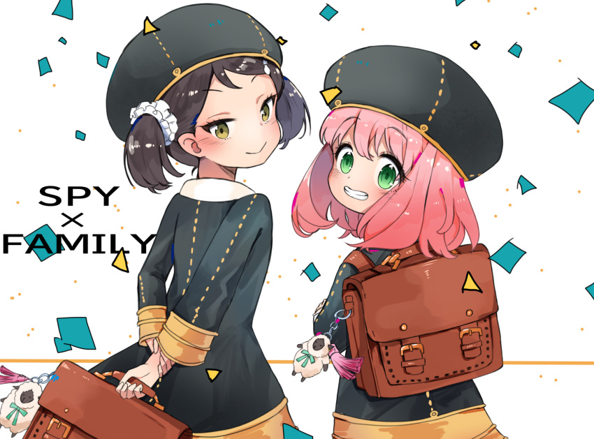 2girls :&gt; ameshiki anya_(spy_x_family) arms_behind_back becky_blackbell black_headwear briefcase brown_eyes brown_hair child closed_mouth confetti copyright_name eden_academy_school_uniform from_behind green_eyes grin looking_at_viewer looking_back multiple_girls pink_hair school_briefcase school_uniform short_twintails smile spy_x_family teeth twintails