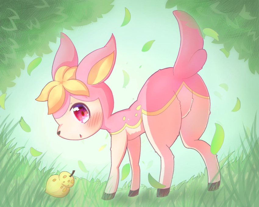 2023 ambiguous_gender blush deer deerling featureless_crotch feral fur generation_5_pokemon grass hi_res looking_at_viewer looking_back looking_back_at_viewer lopello mammal nintendo pink_body pink_eyes pink_fur plant pokemon pokemon_(species) pokemon_berry rear_view sitrus_berry solo spring_deerling