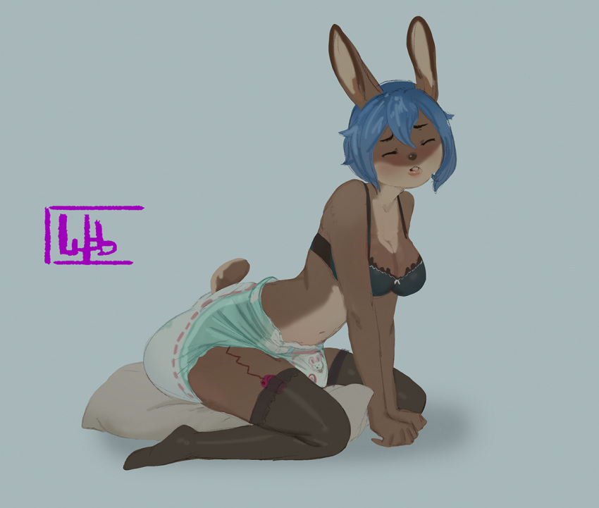 anthro bangs bite biting_lip blue_hair blush breasts brown_body brown_fur buckteeth clothing diaper eyes_closed feces female fur grinding hair infantilism lagomorph leaning leaning_forward legwear leporid lingerie long_ears looking_pleasured mammal masturbation messy_diaper navel pillow pillow_humping pooping rabbit scut_tail sex_toy short_hair short_tail signature simple_background sitting soiled_diaper soiling soiling_diaper solo stockings straining tail teeth thigh_highs translucent translucent_clothing vibrator wob