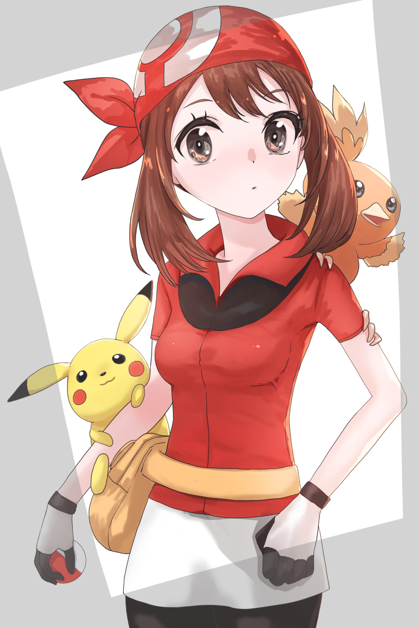 1girl absurdres bandana brown_eyes brown_hair fanny_pack gloves highres holding holding_poke_ball jyouzenjyakusui may_(pokemon) on_shoulder pikachu poke_ball poke_ball_(basic) pokemon pokemon_(creature) pokemon_(game) pokemon_on_arm pokemon_on_shoulder pokemon_rse red_bandana red_shirt shirt short_sleeves shorts torchic