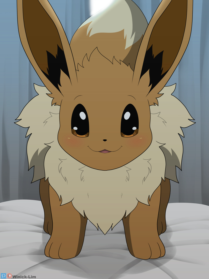 absurd_res ambiguous_gender blush brown_body brown_ears brown_fur brown_tail dipstick_tail eevee eyebrows feral front_view fur generation_1_pokemon hi_res inside looking_at_viewer markings nintendo open_mouth pokemon pokemon_(species) quadruped shadow solo tail tail_markings tongue winick-lim