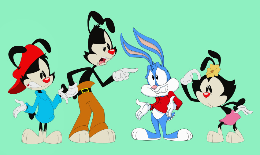 absurd_res animaniacs anthro barefoot buster_bunny clothing dot_warner eye_contact feet female gloves group handwear hi_res inkblot lagomorph looking_at_another male mammal scottforester17 sibling_(lore) simple_background teeth tiny_toon_adventures wakko_warner warner_brothers yakko_warner