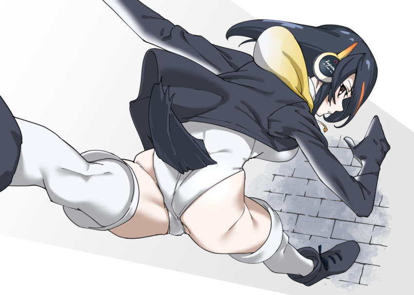 1girl ass bent_over black_footwear black_hair black_jacket boots breasts brick_floor brown_eyes commentary drawstring emperor_penguin_(kemono_friends) from_above grey_background headphones hood hood_down hooded_jacket jacket kemono_friends large_breasts leg_up leotard long_sleeves orange_hair penguin_tail simple_background solo split standing standing_on_one_leg standing_split tail tail_through_clothes tanabe_(fueisei) thighhighs white_leotard white_thighhighs