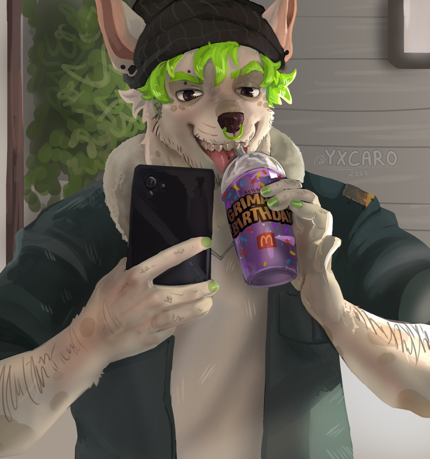 absurd_res anthro canid canine canis clothed clothing domestic_dog fully_clothed grimace_birthday_shake hi_res juckxony male mammal meme mirror piercing selfie solo