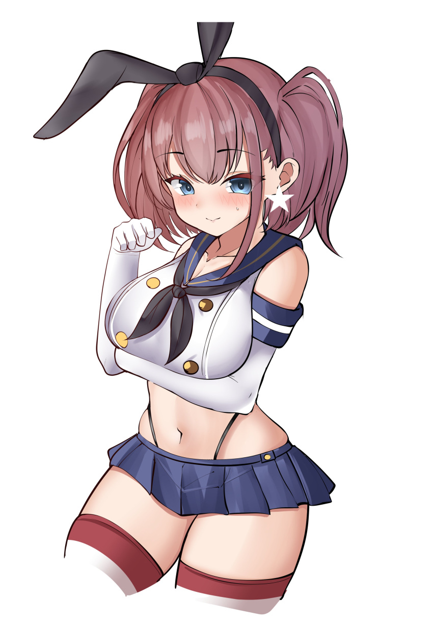 1girl absurdres alternate_costume atlanta_(kancolle) black_hairband black_neckerchief black_panties blue_sailor_collar blue_skirt blush breasts brown_hair cosplay cowboy_shot crop_top earrings elbow_gloves gloves grey_eyes hairband highleg highleg_panties highres jewelry kantai_collection large_breasts long_hair looking_at_viewer microskirt neckerchief panties sailor_collar shimakaze_(kancolle) shimakaze_(kancolle)_(cosplay) simple_background single_earring skirt solo star_(symbol) star_earrings striped striped_thighhighs sweatdrop tf_cafe thighhighs thong two_side_up underwear white_background white_gloves