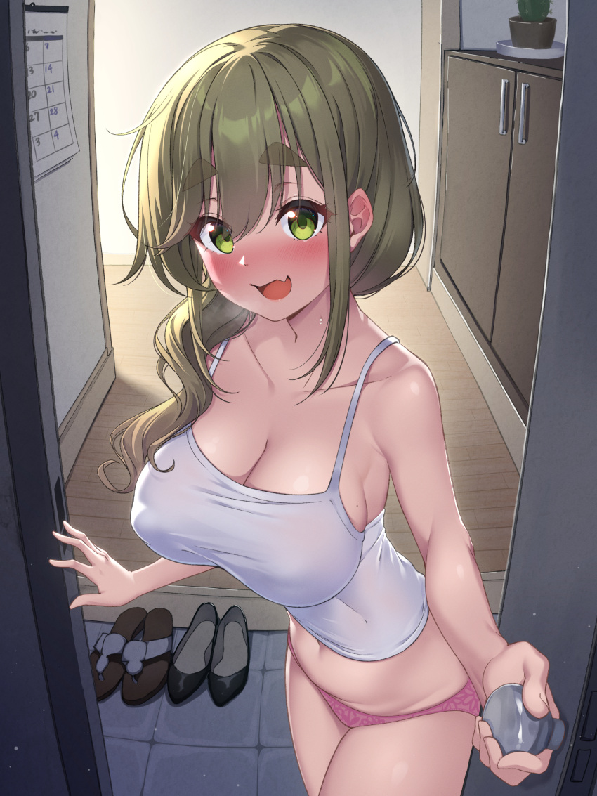 1girl :3 :d absurdres aged_up blush breasts brown_hair camisole casual cleavage collarbone commentary_request double-parted_bangs entrance eyelashes eyes_visible_through_hair fang foreshortening full-face_blush green_eyes hair_between_eyes highres indoors inuyama_aoi kuromasu large_breasts long_hair looking_at_viewer mole mole_on_breast navel open_mouth opening_door panties pink_panties pov short_eyebrows skindentation smile solo sweat thick_eyebrows underwear white_camisole yurucamp