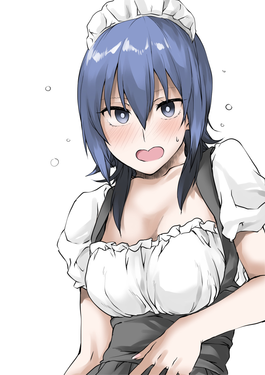 1girl arm_at_side black_dress black_eyes blue_hair blush breasts cleavage collarbone dress elf_(stroll_in_the_woods) frilled_shirt frills hair_between_eyes hand_on_own_chest highres large_breasts long_bangs long_hair looking_at_viewer maid maid_headdress nose_blush open_mouth pinafore_dress raised_eyebrows shirt short_sleeves sidelocks simple_background sleeveless sleeveless_dress solo suzugamori_chika sweatdrop textless_version upper_body white_background white_shirt zatsu_tabi