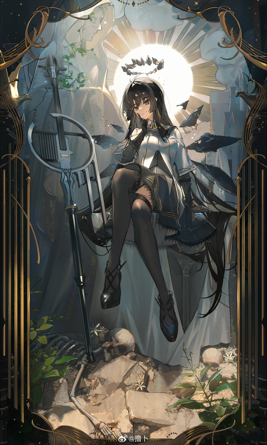 1girl absurdly_long_hair absurdres ahoge architecture arknights artist_name ascot belt belt_buckle black_ascot black_bustier black_eyes black_footwear black_garter_straps black_gloves black_hair black_halo black_thighhighs black_wings blunt_bangs bone boots breasts broken_halo buckle bustier cello chinese_commentary closed_mouth collared_jacket commentary_request crossed_legs dark_halo detached_wings dress_shirt energy_wings finger_to_cheek flower garter_straps glint gloves grey_shirt halo hand_up high_heel_boots high_heels highres hime_cut instrument jacket leaf long_hair long_sleeves looking_at_viewer medium_breasts mole mole_under_eye outdoors plant rock rubble shirt sidelocks sitting skeleton skirt skull smile smoke smoke_trail solo sparkle staff_(music) star_(symbol) statue sun sunlight thighhighs toto_(caaaaarrot) very_long_hair violin virtuosa_(arknights) weibo_username white_belt white_flower white_jacket wings