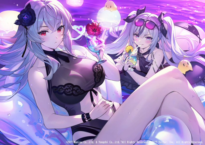 2girls azur_lane bare_shoulders beach bikini black_bikini black_bow black_flower bow breasts cleavage closed_mouth covered_navel crossed_bangs crossed_legs cup elbe_(azur_lane) eyewear_on_head flower graf_zeppelin_(azur_lane) graf_zeppelin_(beachside_urd)_(azur_lane) grey_hair hair_bow hair_flower hair_ornament holding holding_cup innertube large_breasts long_hair looking_at_viewer manjuu_(azur_lane) medium_hair multicolored_eyes multiple_girls noir_eku official_alternate_costume official_art outdoors parted_lips red_eyes sidelocks sitting swimsuit twintails