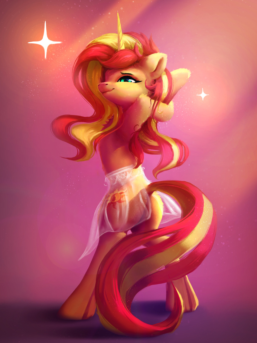 2023 absurd_res blonde_hair bottomwear butt clothing cutie_mark digital_media_(artwork) equestria_girls equid equine eyelashes female fur green_eyes hair hasbro hi_res horn itssim long_tail mammal my_little_pony orange_body orange_fur red_hair red_tail semi-anthro skirt smile solo stretching sunset_shimmer_(eg) tail translucent translucent_bottomwear translucent_clothing translucent_skirt unicorn yellow_tail