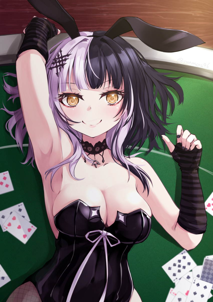 1girl animal_ears black_choker black_gloves black_hair black_leotard black_nails breasts card choker cleavage elbow_gloves fake_animal_ears gloves highres hololive hololive_english kuro_(be_ok) lace-trimmed_choker lace_trim leotard looking_at_viewer lying medium_hair multicolored_hair nail_polish on_back on_table playboy_bunny playing_card poker_table rabbit_ears shiori_novella smile solo split-color_hair striped striped_gloves table virtual_youtuber white_hair yellow_eyes