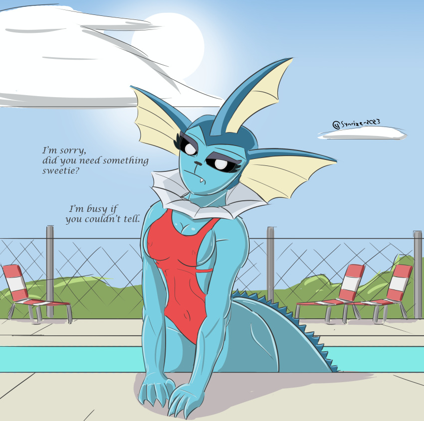 absurd_res animal_humanoid annoyed annoyed_expression anthro beach_chair blue_body blue_sky breasts clothed clothing cloud colored dialogue digital_media_(artwork) eeveelution english_text eyebrows female fence frown generation_1_pokemon glistening glistening_body hi_res humanoid light looking_at_viewer nintendo nipple_outline nipples one-piece_swimsuit partially_submerged pokemon pokemon_(species) poolside portrait red_one-piece_swimsuit shaded sharp_teeth side_boob simple_background simple_eyes simple_shading sky solo sunny swimwear synrize tail teeth text thick_thighs vaporeon water watermark webbed_ears white_eyes