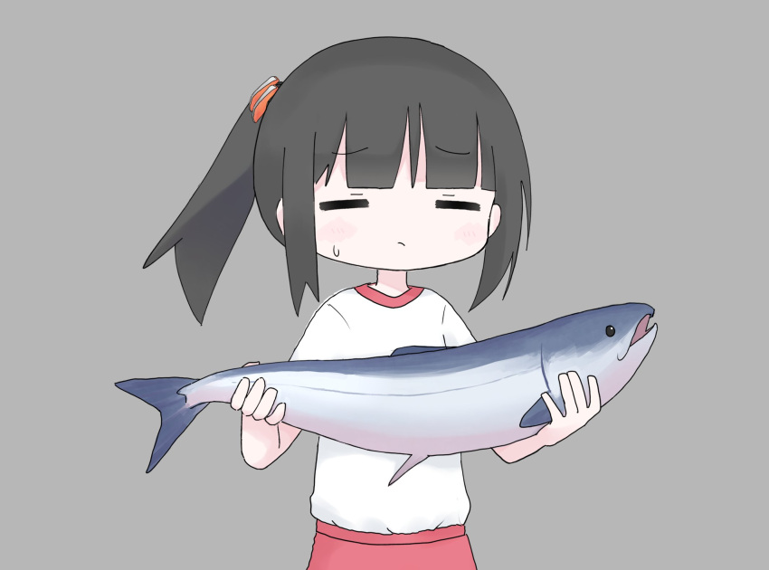 1girl animal black_hair blunt_bangs closed_eyes closed_mouth facing_viewer fish grey_background gym_shirt gym_uniform hair_ornament highres holding holding_animal holding_fish kanikan original red_shorts shirt shirt_tucked_in short_sleeves shorts side_ponytail sidelocks simple_background solo standing sweat upper_body white_shirt