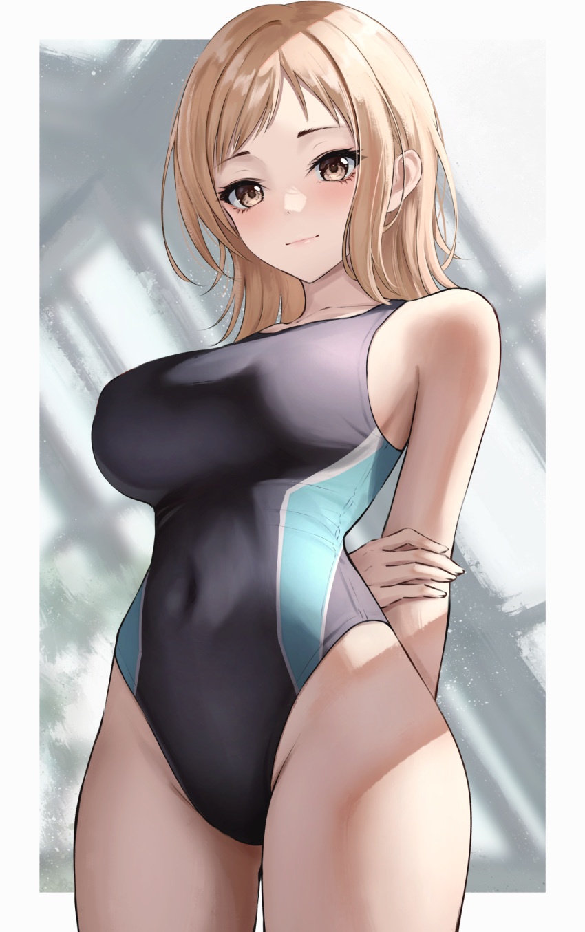 1girl arms_behind_back blush breasts collarbone competition_swimsuit covered_navel groin highres holding_own_arm idolmaster idolmaster_shiny_colors large_breasts light_brown_hair light_smile looking_at_viewer marinesnow medium_hair one-piece_swimsuit sakuragi_mano solo swimsuit