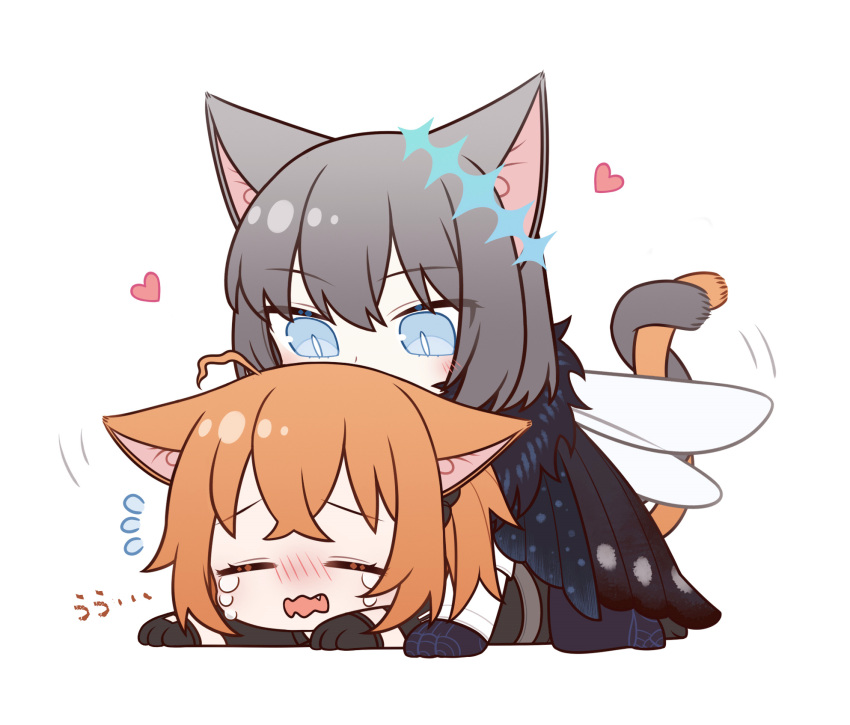 1boy 1girl blush cat_boy cat_girl cat_tail chibi commentary_request crying fang fate/grand_order fate_(series) flying_sweatdrops fujimaru_ritsuka_(female) fujimaru_ritsuka_(female)_(polar_chaldea_uniform) heart herliearse highres oberon_(fate) oberon_(third_ascension)_(fate) on_ground simple_background sitting sitting_on_person spoilers tail tail_wrap white_background wings