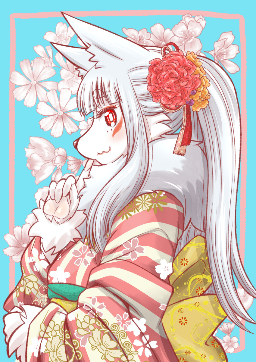 2019 :3 absurd_res accessory anthro asian_clothing blue_background canid canine circle_eyebrows clothed clothing east_asian_clothing eyebrow_through_hair eyebrows female finger_on_chin floral_print flower flower_in_hair fox fur hair hair_accessory hi_res japanese_clothing kemono kimono mammal neck_tuft obi pawpads plant red_eyes side_mouth side_view simple_background smile solo tamamo-chan's_a_fox tamamo_fushimi translucent translucent_hair tuft white_body white_fur white_hair yuuki_ray