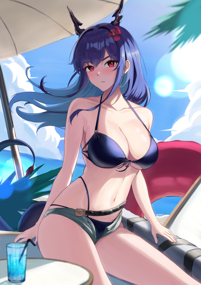 1girl absurdres arknights beach_umbrella bikini blue_bikini blue_hair blue_sky bodam breasts ch'en_(arknights) ch'en_the_holungday_(arknights) cloud commentary cup day dragon_horns drinking_glass drinking_straw flower grey_shorts hair_flower hair_ornament highres horns large_breasts long_hair micro_shorts navel open_fly red_eyes red_flower shorts sitting sky solo stomach swimsuit thighs umbrella