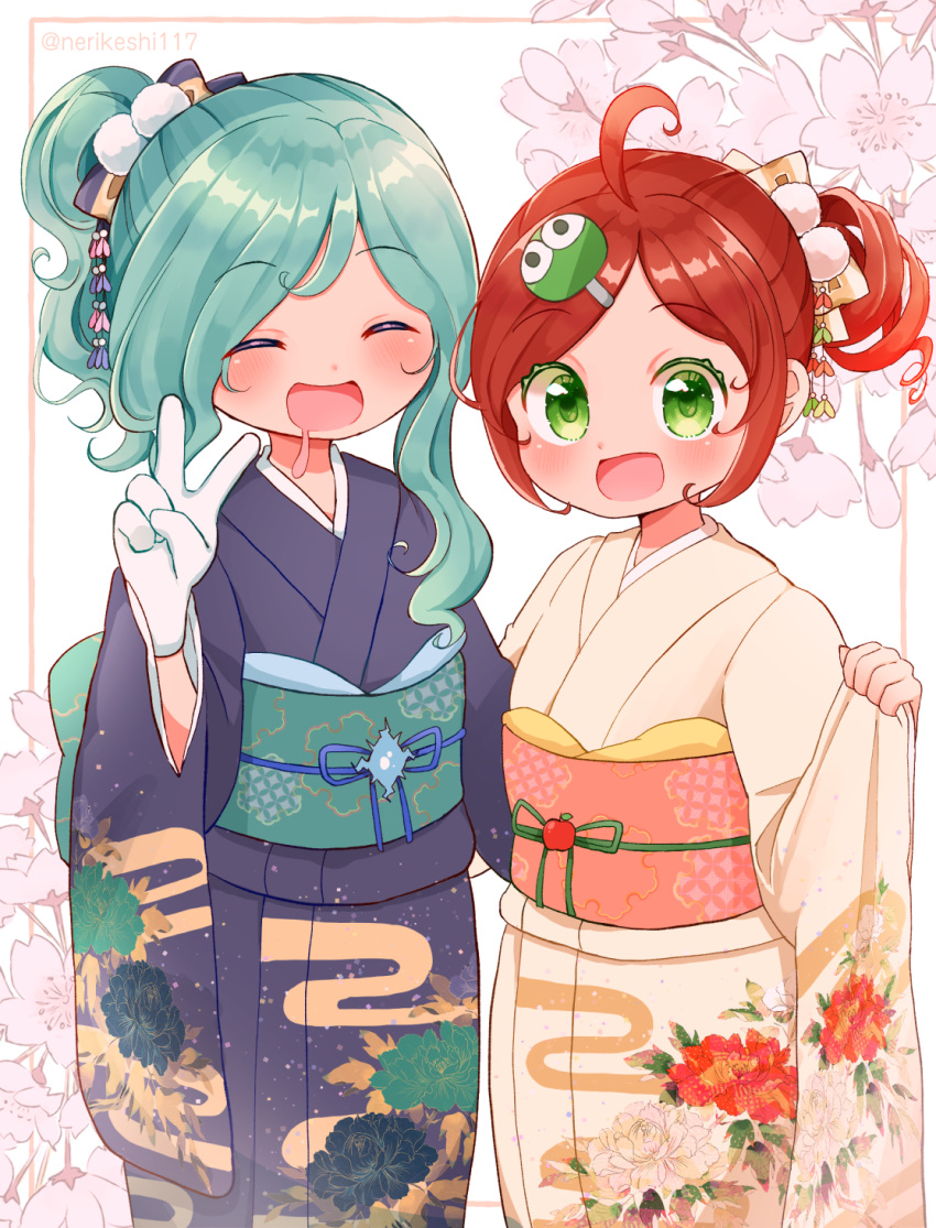 1boy 1girl ahoge alternate_costume andou_ringo aqua_hair artist_name blue_kimono blush bow character_hair_ornament cherry_blossoms closed_eyes clothes_grab colored_eyelashes curly_hair drooling ecolo_(puyopuyo) egasumi floral_print gloves green_eyes hair_bow hair_ornament han'eri highres japanese_clothes kanzashi kimono long_hair long_sleeves looking_at_viewer mouth_drool obiage obidome obijime open_mouth ponytail puyo_(puyopuyo) puyopuyo red_hair shinonome_pinano sidelocks simple_background sleeve_grab smile strange_ecolo twitter_username v white_gloves wide_sleeves yellow_kimono