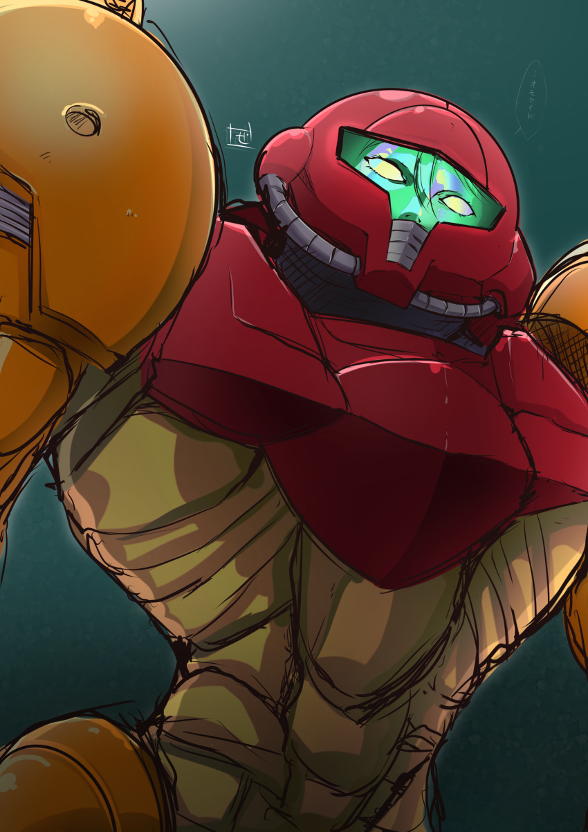 1girl absurdres armor assault_visor check_translation commentary_request green_background helmet highres looking_at_viewer metroid metroid_fusion no_pupils pauldrons power_suit_(metroid) sa-x science_fiction shoulder_armor signature simple_background solo translation_request upper_body varia_suit zero-theme