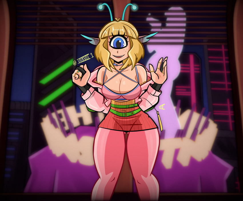 1_eye 2023 4k absurd_res alien alien_humanoid antennae_(anatomy) artist_name big_breasts blonde_hair blue_eyes breasts butt_from_the_front cleavage clothed clothing curvy_figure cyberpunk cyclops detailed_background digital_drawing_(artwork) digital_media_(artwork) eyelashes female fingerless_gloves fingers freckles gloves hair handwear hi_res humanoid humanoid_pointy_ears inside jacket leggings legwear light-skinned_female light_body light_skin looking_at_viewer not_furry ring ring_(jewelry) seven_(artist) smile solo thick_thighs topwear watermark wide_hips