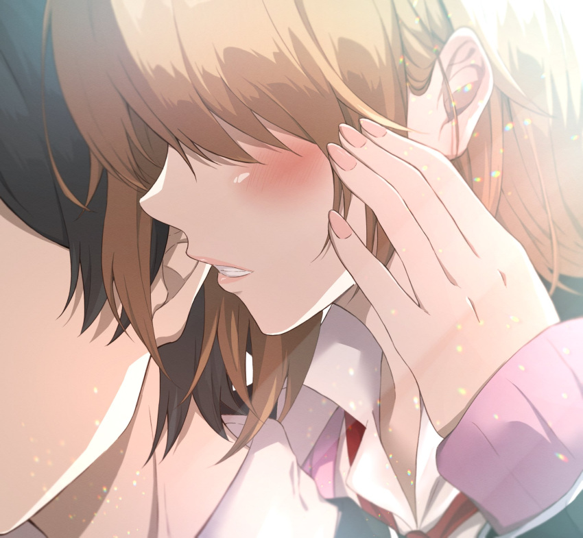 1boy 1girl biting black_hair black_jacket blazer blonde_hair blush cardigan cardigan_under_jacket close-up collared_shirt ear_biting faceless faceless_female faceless_male hair_behind_ear hand_up highres hikigaya_hachiman isshiki_iroha jacket light_(lightpicture33) lips medium_hair neck_ribbon parted_lips pink_cardigan red_ribbon ribbon school_uniform shirt sobu_high_school_uniform white_shirt yahari_ore_no_seishun_lovecome_wa_machigatteiru.