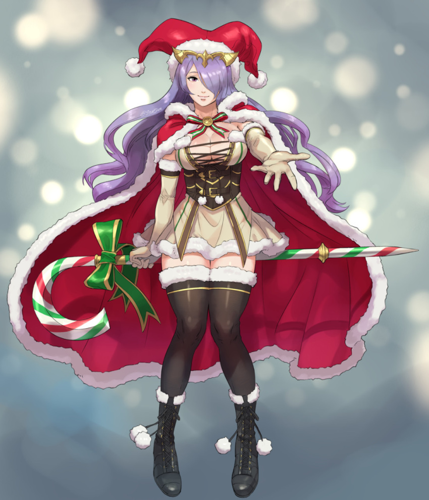 1girl alternate_costume breasts camilla_(fire_emblem) candy candy_cane christmas cleavage cosplay dress fire_emblem fire_emblem_fates food hat highres ingrid_(taimanin_murasaki) ingrid_(taimanin_murasaki)_(cosplay) large_breasts looking_at_viewer purple_eyes purple_hair reaching reaching_towards_viewer santa_costume santa_hat solo stup-jam taimanin_(series) taimanin_murasaki thighhighs white_dress