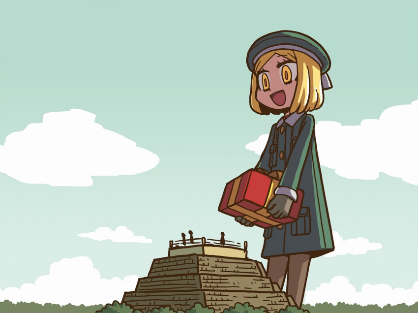 1girl beret blonde_hair blue_sky box cloud coat fate/grand_order fate_(series) giant giantess gift gift_box gloves green_coat green_headwear hat holding holding_gift open_mouth outdoors paul_bunyan_(fate) pyramid_(structure) riyo_(lyomsnpmp) short_hair sky smile solo yellow_eyes