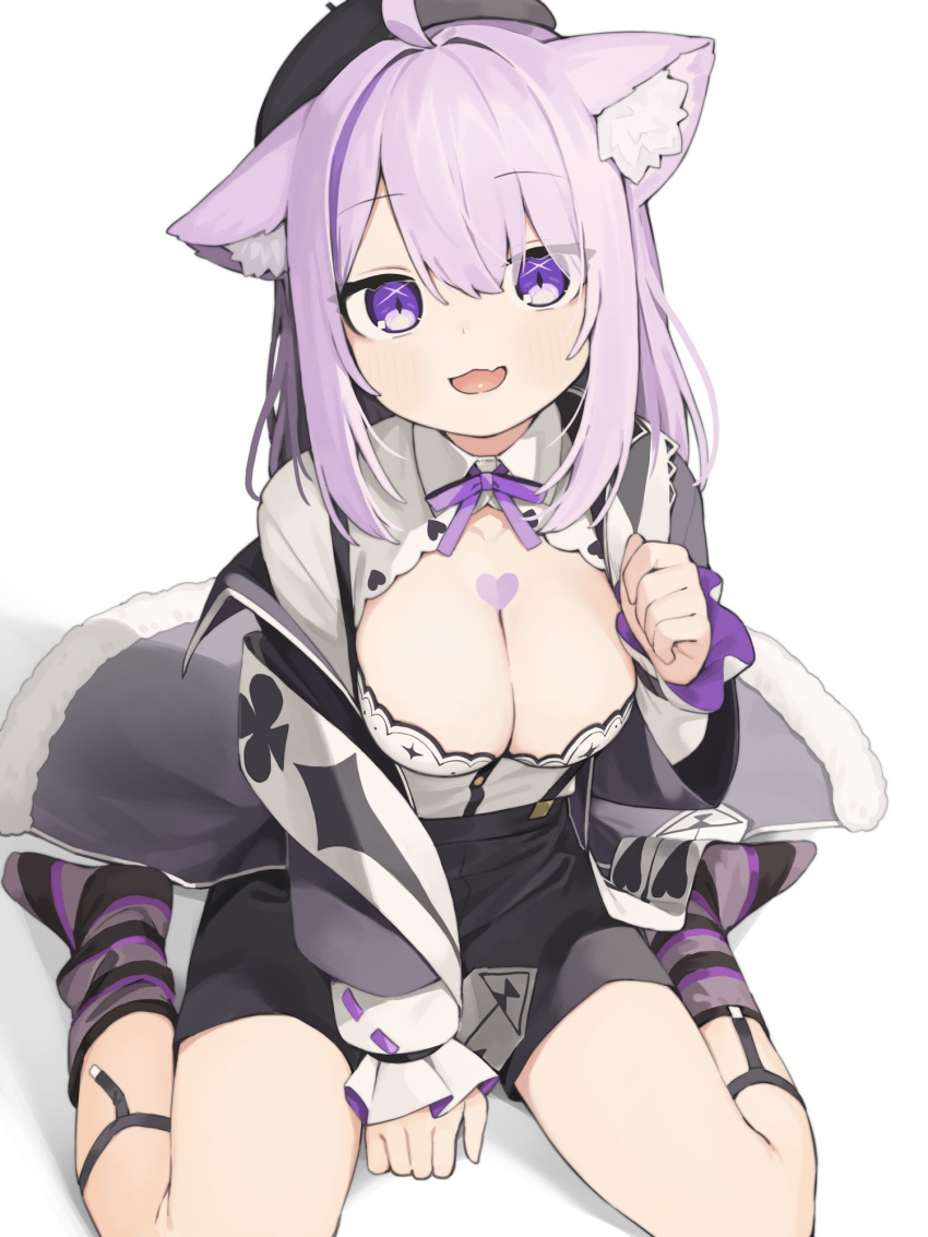 1girl :d ahoge animal_ear_fluff animal_ears beret between_legs black_headwear black_jacket black_shorts bow breasts cat_ears cleavage collarbone commentary_request fang hair_between_eyes hand_between_legs hat heart highres hololive jacket long_sleeves looking_at_viewer medium_breasts multicolored_hair nekomata_okayu no_shoes off_shoulder open_clothes open_jacket puffy_long_sleeves puffy_sleeves purple_bow purple_eyes purple_hair seramikku shirt short_shorts shorts sitting sleeves_past_wrists smile sock_pull socks solo streaked_hair striped striped_socks virtual_youtuber wariza white_background white_shirt