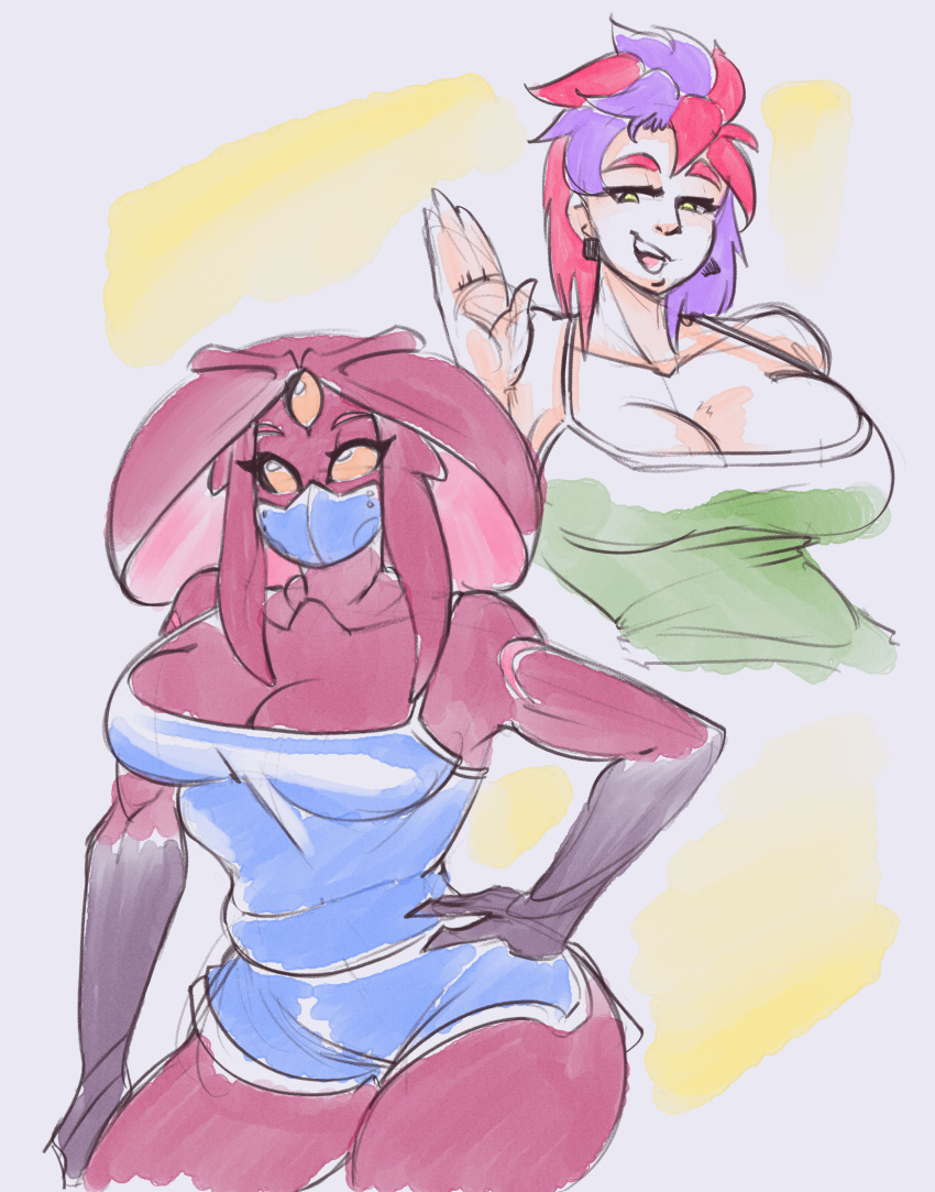 3_eyes absurd_res alien alien_humanoid anthro big_breasts breasts duo exercise_clothing female hair hi_res human humanoid mammal multi_eye muscular muscular_female muscular_humanoid purple_hair red_hair strong_female tidywire