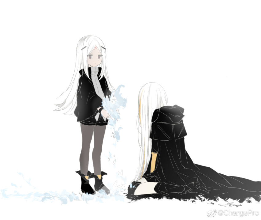2girls black_bracelet black_capelet black_footwear black_jacket black_shorts blonde_hair boots brown_eyes brown_pantyhose capelet closed_mouth commentary dark-skinned_female dark_skin elisa_(girls'_frontline) epiphyllum expressionless facial_mark flower forehead_mark full_body girls'_frontline giving hair_ornament head_down high_heel_boots high_heels highres holding holding_flower jacket knee_boots kneeling long_hair long_sleeves looking_at_another m16a1_(boss)_(girls'_frontline) m16a1_(girls'_frontline) multicolored_hair multiple_girls pantyhose puffy_shorts sangvis_ferri shadow71580825 shirt shorts simple_background standing streaked_hair very_long_hair weibo_logo weibo_username white_background white_hair yellow_shirt