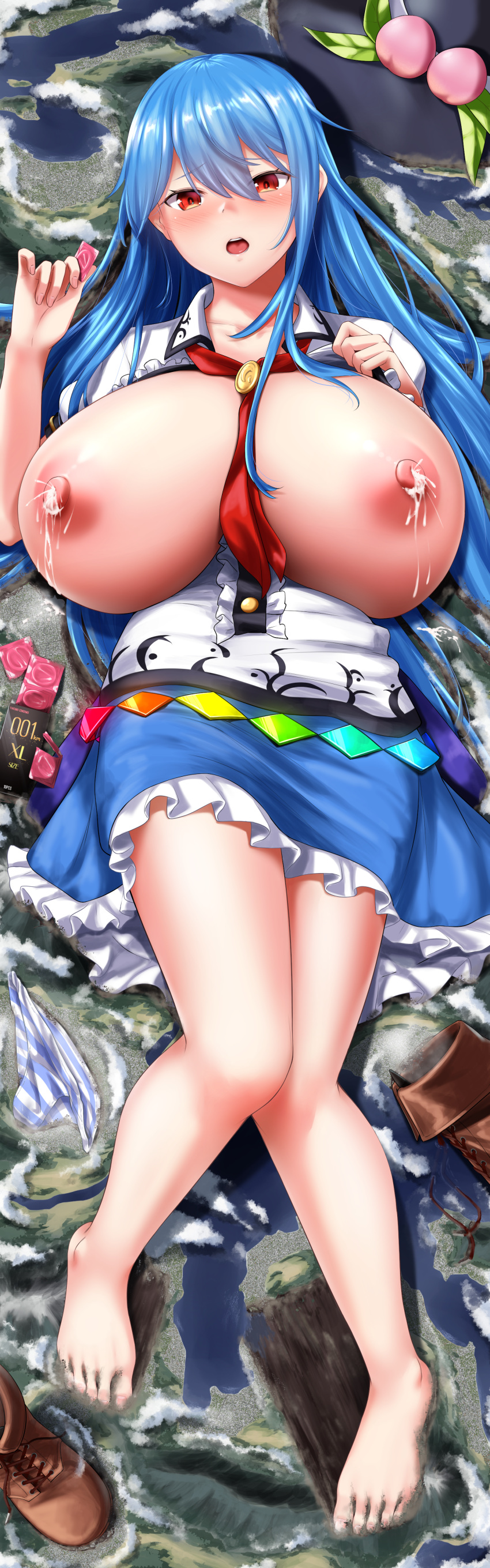 1girl absurdres barefoot blue_hair blue_skirt blush breasts commentary_request condom condom_wrapper feet frilled_skirt frills full_body giant giantess highres hinanawi_tenshi huge_breasts karate8284 knees_together_feet_apart lactation lake legs looking_at_viewer nipples open_mouth outdoors red_eyes shoes shoes_removed skirt solo toenails toes touhou