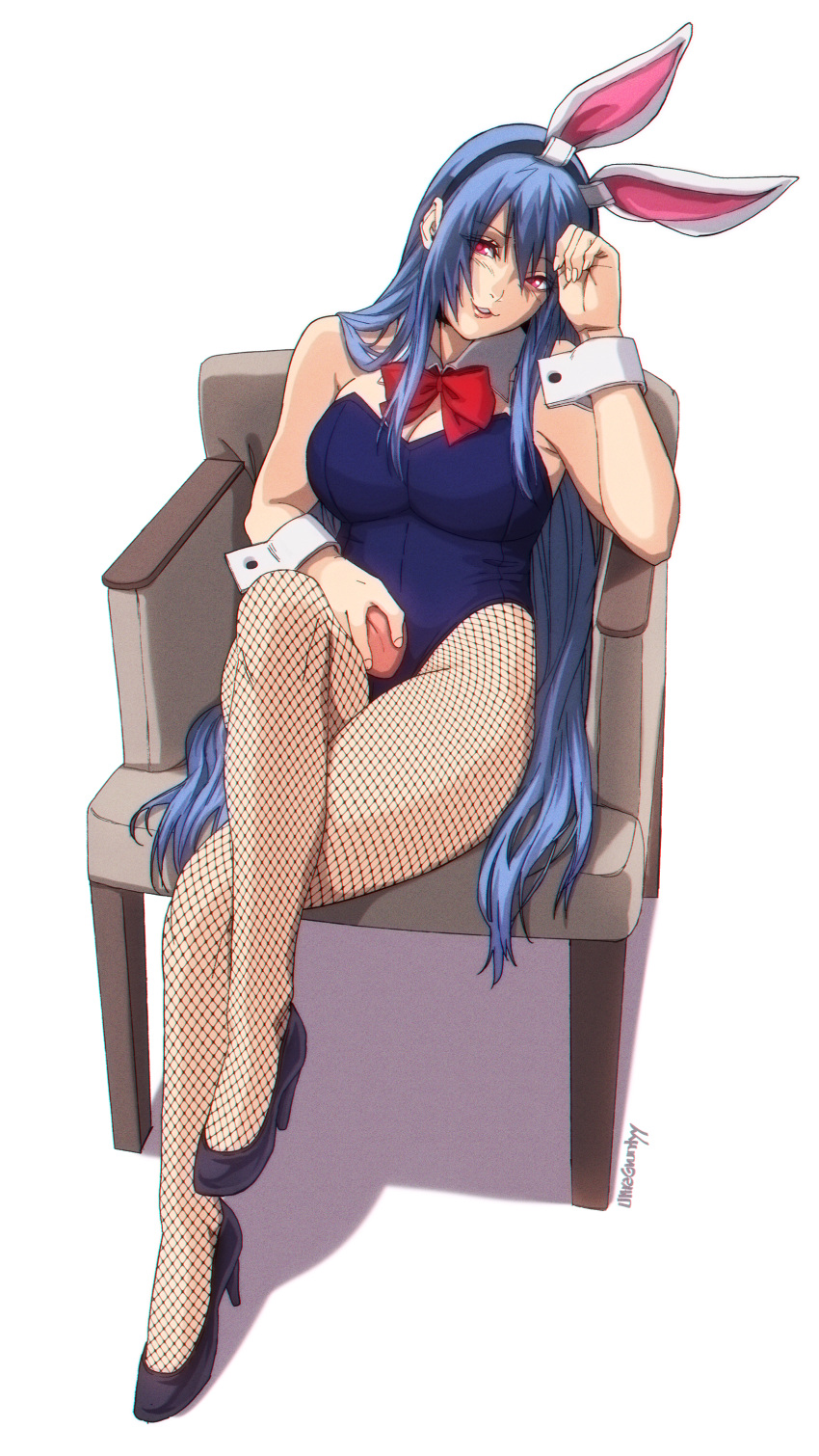 1girl :3 absurdres alternate_costume animal_ears armchair artist_name black_footwear black_hairband blue_hair blue_leotard blue_shirt breasts chair cleavage commentary commission crossed_legs english_commentary fishnet_pantyhose fishnets food fruit hairband hand_on_own_forehead high_heels highres hinanawi_tenshi holding holding_food holding_fruit large_breasts leotard lips long_hair looking_at_viewer necktie pantyhose playboy_bunny rabbit_ears red_eyes shadow shirt simple_background sitting solo touhou ultragruntyy variant_set very_long_hair white_background wrist_cuffs