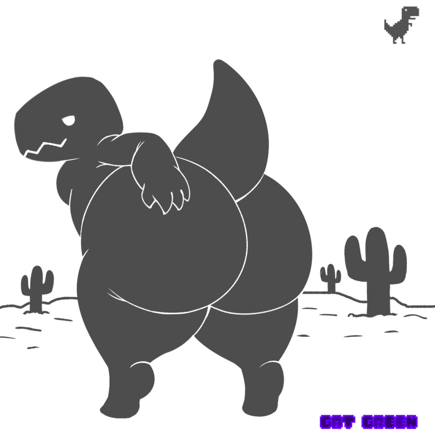 1:1 ambiguous_gender anthro big_butt butt butt_focus dinosaur dinosaur_(google_chrome) gat_green google google_chrome grey_body hi_res looking_at_viewer looking_back presenting presenting_hindquarters provocative raised_tail rear_view reptile scalie seductive solo tail white_eyes