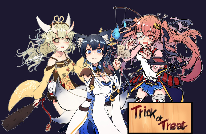 3girls absurdres animal_ears arm_under_breasts armor arrow_(projectile) bandage_over_one_eye bare_shoulders black_background black_ribbon blonde_hair blood blood_on_face blood_on_hands blue_eyes blue_hair blue_sash blue_skirt breasts cat_ears cleavage closed_mouth club_(weapon) collarbone commentary cow_horns demon_horns detached_collar dress fake_animal_ears fake_horns fake_tail fangs fishing_rod floating_hair foeyp fox_ears fox_tail goou_yoshimitsu hair_ornament hair_rings halloween_costume hands_up highres horns japanese_armor japanese_clothes jouizumi_masamune kanabou katana kimono kusazuri kuwana_gou_(tenka_hyakken) long_hair low_ponytail miko multiple_girls multiple_tails omikuji open_mouth pink_kimono print_dress raised_eyebrows red_eyes red_hair ribbon ribbon-trimmed_sleeves ribbon_trim sash sheath sheathed skirt skull string sweatdrop sword tail tassel tenka_hyakken thick_eyebrows trick_or_treat two_side_up waist_cape weapon wide_sleeves will-o'-the-wisp_(mythology) yellow_dress yellow_eyes