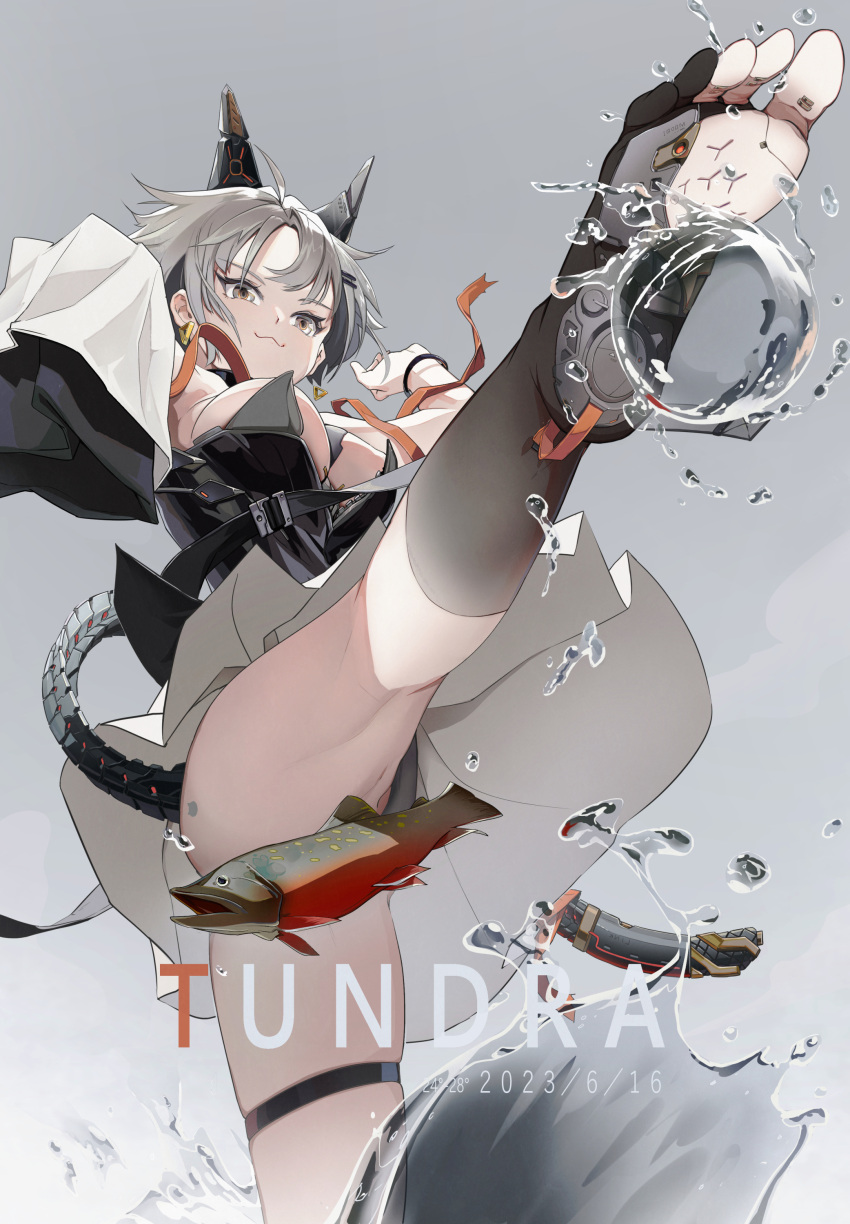 1girl 327564857 :3 absurdres android animal_ears black_choker bracelet breasts choker closed_mouth convenient_censoring dated detached_sleeves earrings english_text feet grey_background grey_eyes grey_hair hair_ornament hairclip highres jewelry kicking large_breasts leg_up looking_ahead mecha_musume mechanical_ears mechanical_parts mechanical_tail original pleated_skirt salmon sheath short_hair single_detached_sleeve skirt soles solo standing standing_on_one_leg strapless tail temperature thigh_strap triangle_earrings upskirt water white_skirt