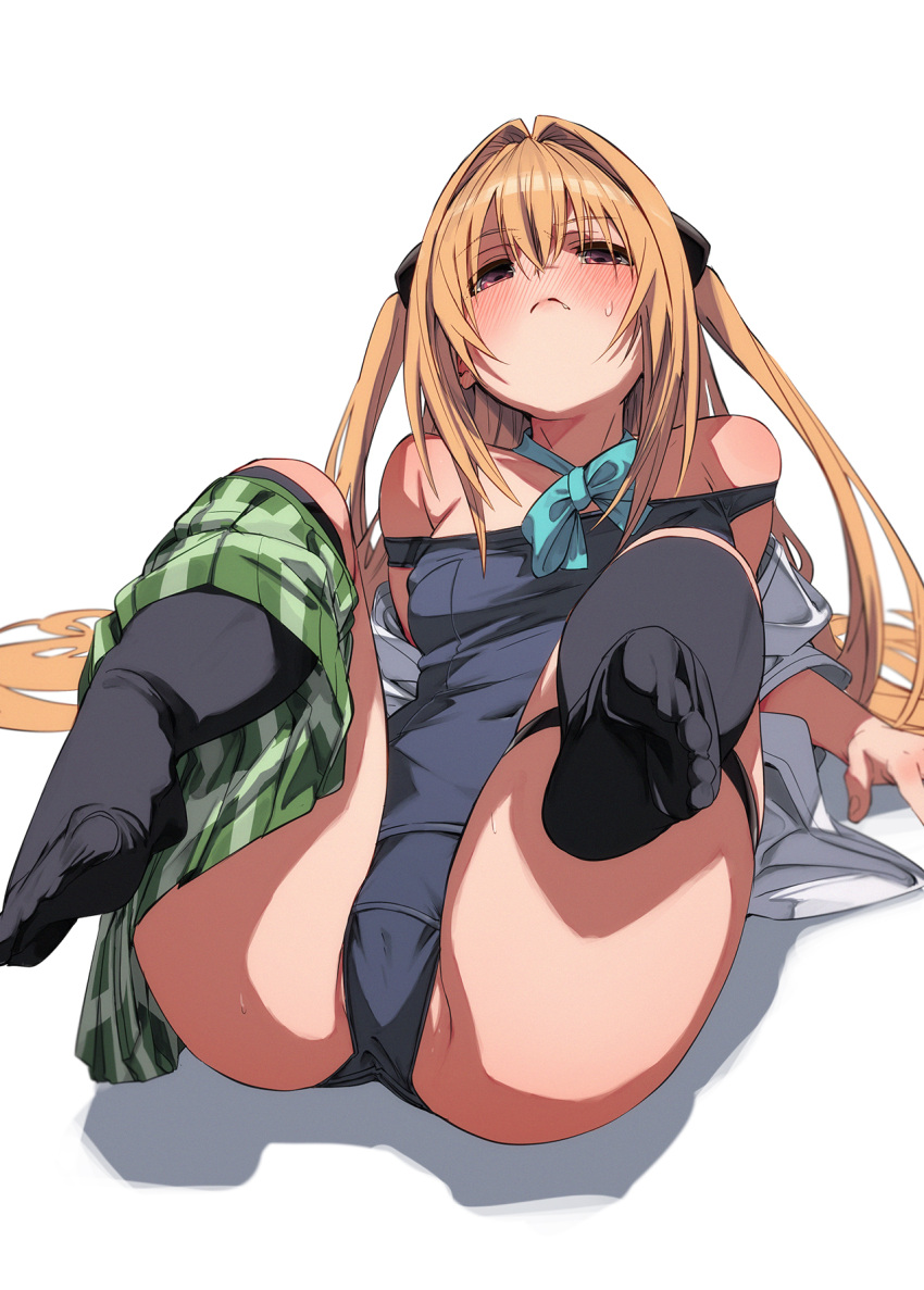 1girl aqua_bow aqua_bowtie arm_support armpit_crease ass bare_shoulders black_ribbon black_socks blonde_hair blue_one-piece_swimsuit blush bow bowtie breasts closed_mouth commentary covered_navel feet fu-ta full_body green_skirt hair_between_eyes hair_intakes hair_ribbon highres kneehighs konjiki_no_yami legs long_hair looking_at_viewer lying miniskirt no_shoes off_shoulder on_back one-piece_swimsuit open_clothes open_shirt partially_visible_vulva plaid plaid_skirt pleated_skirt red_eyes ribbon sainan_high_school_uniform school_swimsuit school_uniform shadow shirt sidelocks simple_background skindentation skirt skirt_around_one_leg small_breasts socks soles solo sweatdrop swimsuit swimsuit_under_clothes thigh_strap thighs to_love-ru to_love-ru_darkness toes two_side_up very_long_hair white_background white_shirt
