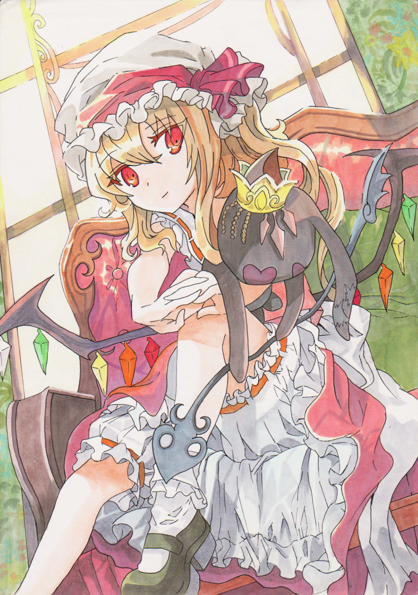 1girl black_footwear blonde_hair bloomers bobby_socks closed_mouth couch crown damepia_(pianohuey38) flandre_scarlet foot_out_of_frame frilled_socks frills hair_between_eyes hat highres indoors interlocked_fingers laevatein_(touhou) long_hair looking_at_viewer marker_(medium) mary_janes mob_cap multicolored_wings on_couch own_hands_together red_eyes red_ribbon red_skirt ribbon ribbon-trimmed_bloomers ribbon-trimmed_sleeves ribbon_trim shoes sitting skirt socks solo touhou traditional_media underwear white_bloomers white_headwear white_socks wings