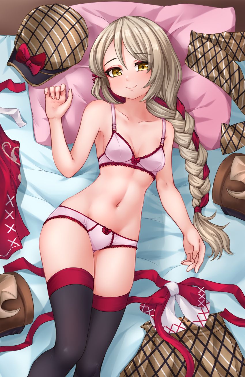 1girl absurdres black_thighhighs bra breasts brown_eyes commentary commission djloops english_commentary fire_emblem fire_emblem_engage framme_(fire_emblem) hat hat_removed headwear_removed highres light_brown_hair lying multicolored_hair on_back panties petite pink_bra pink_panties pixiv_commission plaid plaid_headwear plaid_scarf red_hair scarf skirt skirt_removed small_breasts solo thighhighs two-tone_hair underwear underwear_only