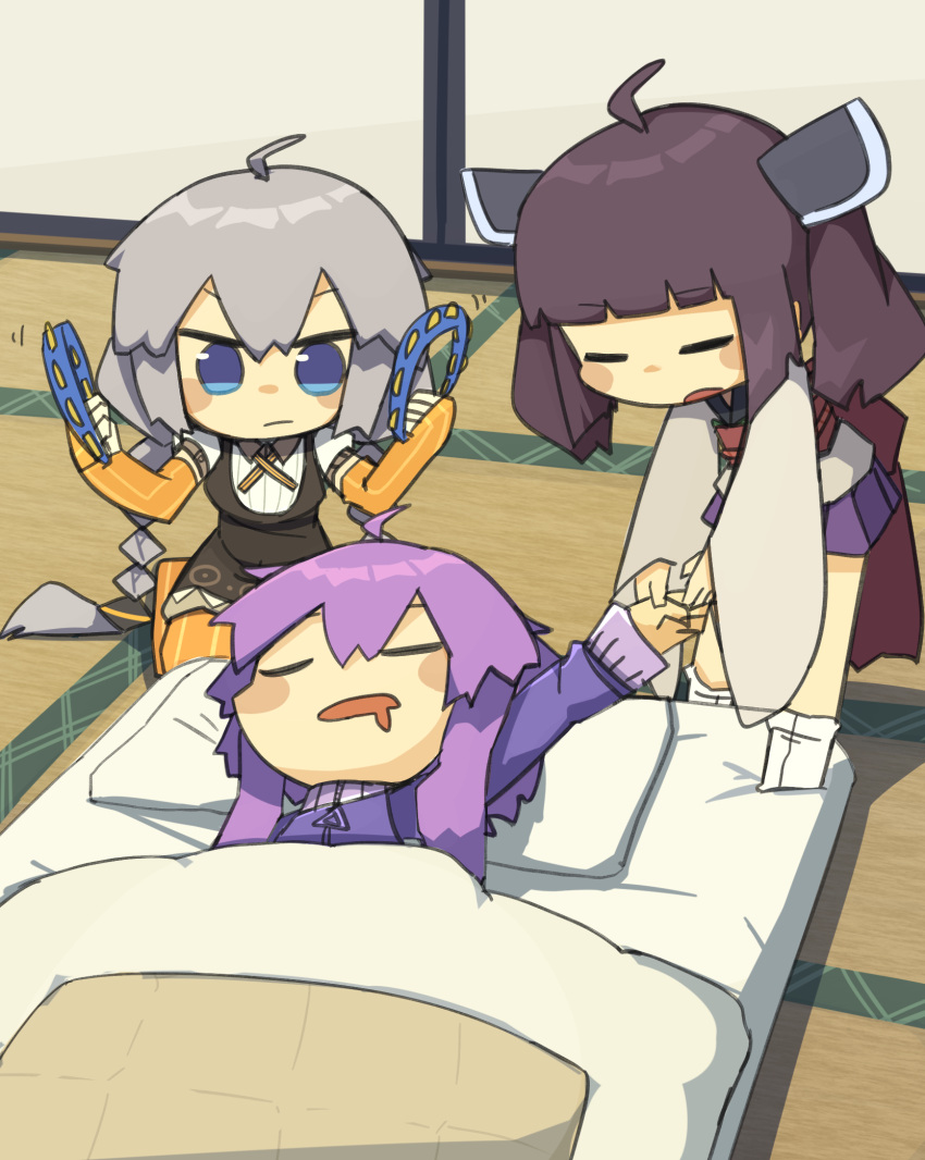 3girls =_= ahoge alternate_costume back_bow black_dress blade blue_eyes blunt_bangs blush_stickers bow braid chibi closed_eyes collared_shirt commentary_request cross_tie dress drooling elbow_gloves fingerless_gloves fusuma futon gloves grey_hair headgear highres holding_another's_arm indoors jacket japanese_clothes kimono konohoshi long_hair long_sleeves looking_at_another lying mouth_drool multiple_girls multiple_sources obi on_back open_mouth orange_gloves orange_pantyhose pantyhose pleated_skirt puffy_short_sleeves puffy_sleeves pulling purple_jacket purple_skirt red_bow sash shirt short_dress short_hair_with_long_locks short_kimono short_sleeves skirt sleeping sliding_doors tatami touhoku_kiritan track_jacket twin_braids twintails under_covers very_long_hair voiceroid waking_another white_kimono white_shirt wide_sleeves yuzuki_yukari
