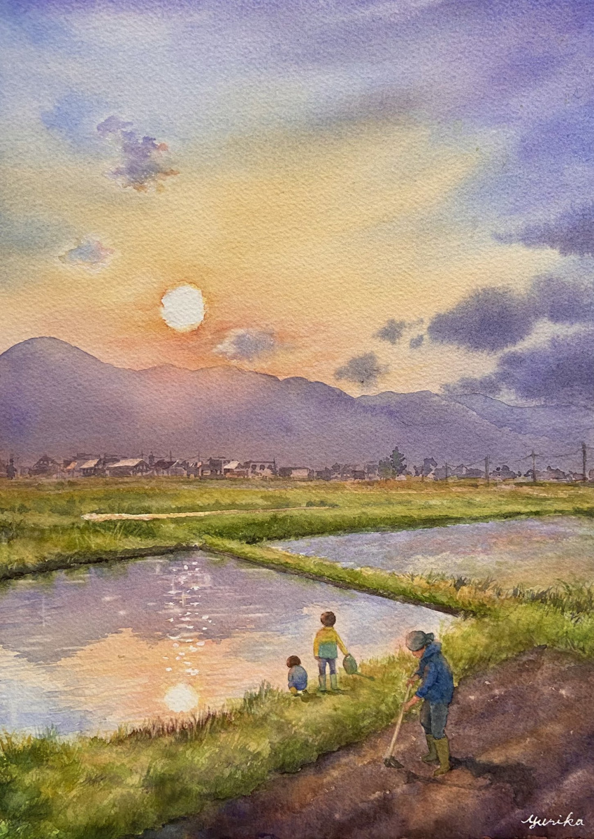 1girl 2boys building cloud cloudy_sky farm farming grass highres hoe holding holding_hoe holding_watering_can house mountain mountainous_horizon multiple_boys ooy33151086 orange_sky original power_lines reflection reflective_water rice_paddy sky sun town utility_pole water watering_can