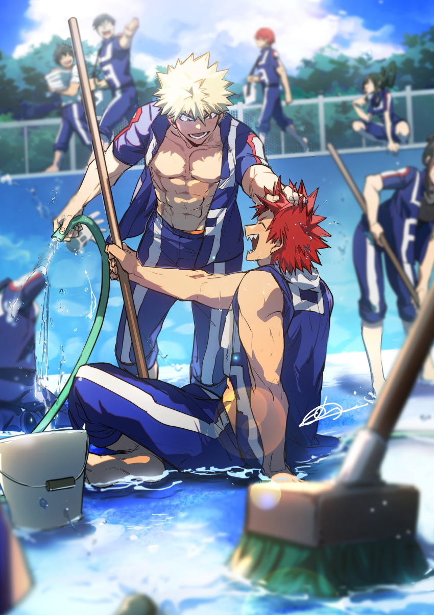 3girls 4boys ^_^ abs absurdres asui_tsuyu bag bakugou_katsuki bare_arms bare_pectorals bare_shoulders barefoot basket black_hair black_shirt blonde_hair blue_hair blue_sky blue_track_suit blurry blurry_background blurry_foreground blush boku_no_hero_academia bucket cleaning closed_eyes cloud cloudy_sky collarbone dark_blue_hair dark_green_hair day depth_of_field dutch_angle facing_another facing_to_the_side finger_to_own_chin fingernails full_body glasses green_hair hagakure_tooru hair_between_eyes hair_rings halftone hand_in_another's_hair hand_on_another's_head hand_on_floor hand_up hands_up happy highres holding holding_basket holding_hose holding_mop holding_strap hose iida_tenya invisible jacket kirishima_eijirou kneeling laundry_basket leaning_forward lens_flare looking_at_another looking_down lower_teeth_only midoriya_izuku mop multiple_boys multiple_girls nipples no-kan open_clothes open_jacket open_mouth outdoors outstretched_arm pants pants_rolled_up pectorals pool poolside profile railing red_eyes red_hair sanpaku shadow sharp_teeth shirt short_eyebrows short_hair short_sleeves shoulder_bag signature sitting sky sleeves_rolled_up smile soft_focus spiked_hair squatting standing t-shirt teeth todoroki_shouto toned toned_male tongue tongue_out towel towel_around_neck track_jacket track_pants track_suit tree u.a._gym_uniform v-shaped_eyebrows wading walking water water_drop white_shirt white_towel yaoyorozu_momo