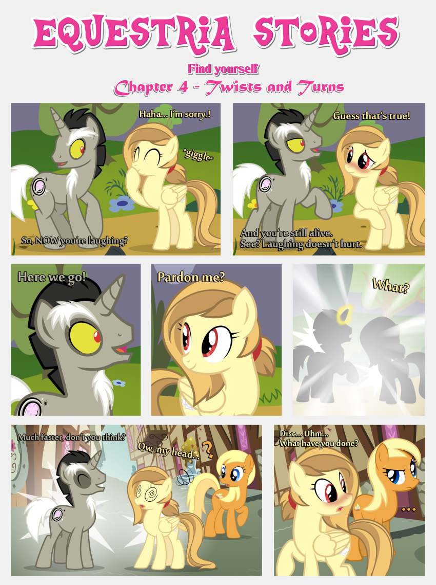 absurd_res alice_goldenfeather_(estories) black_border blush border bright_light building cutie_mark dialogue discord_(mlp) ears_up earth_pony equid equine estories eyes_closed fake_cutie_mark fan_character female feral flower folded_wings friendship_is_magic frown giggle glowing glowing_horn grass group hasbro hi_res horn horse laugh male mammal my_little_pony outside pegasus plant pony ponyville smile teleportation tree trio unicorn what white_light wings