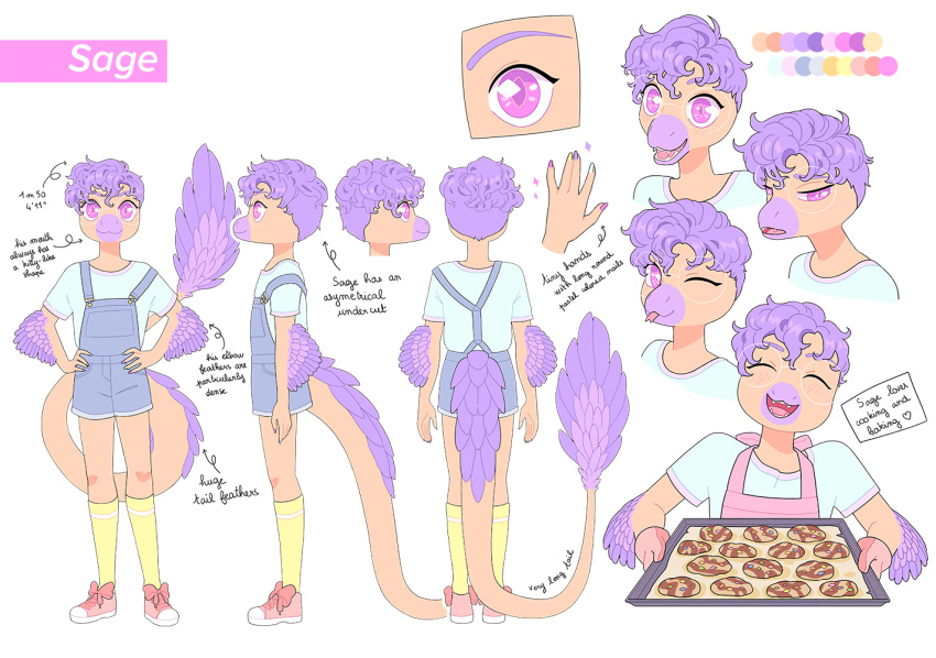 &lt;3 :3 anthro apron baking baking_tray big_tail clothed clothing colored_nails cookie digital_media_(artwork) dinosaur dromaeosaurid english_text eyes_closed eyewear feathered_arms feathered_tail feathers food glasses goodbye_volcano_high hair looking_at_viewer lucie_viatge male model_sheet multicolored_body nails official_art one_eye_closed overalls pupils purple_eyes purple_hair rear_view reptile sage_(gvh) scalie sharp_teeth side_view simple_background skinny skinny_male slim slit_pupils solo sparkles tail teeth text theropod tongue tongue_out two_tone_body velociraptor white_background wink winking_at_viewer