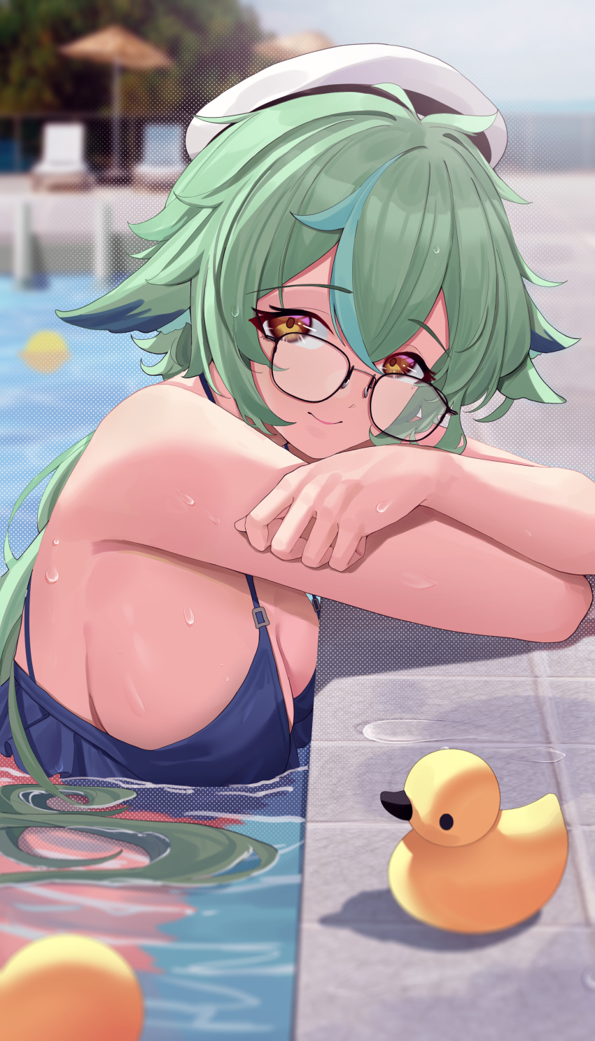 1girl absurdres beach_umbrella bikini blue_bikini breasts frilled_bikini frills genshin_impact gloves green_hair haerge hat highres large_breasts looking_at_viewer partially_submerged pool rubber_duck smile solo sucrose_(genshin_impact) swimsuit umbrella water_drop wet white_headwear